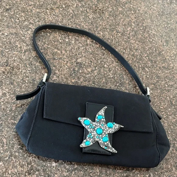 Ramon Tenza Ladies Black Shoulder Bag Turquoise Starfish Bag - Picture 3 of 8